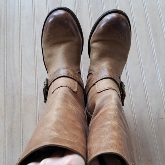 Gianni Bini Leather Buckle Side-Zip midi Mid-Calf High Western Distressed Boots - Picture 5 of 13